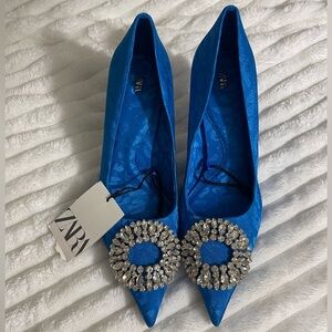 Zara Blue Animal Print Heels with Rhinestone Embellishment
